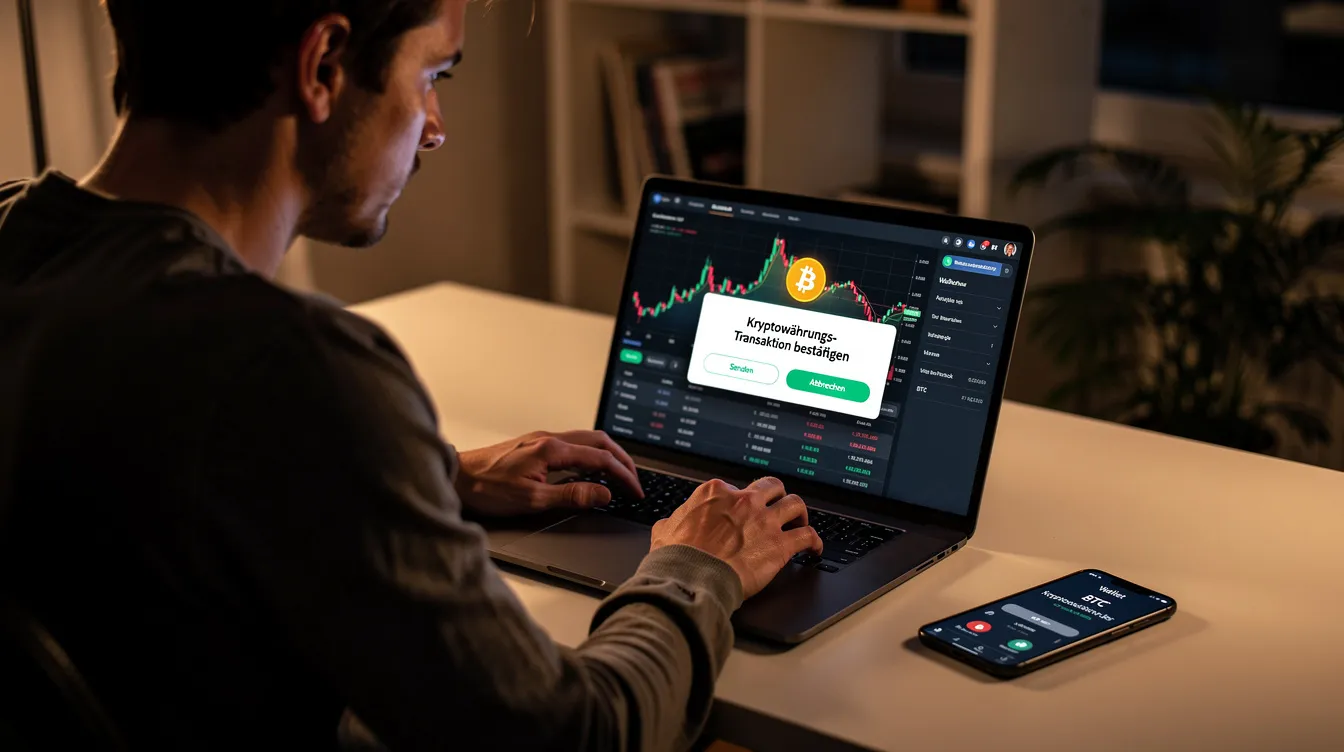 Eine Person sitzt konzentriert am Laptop und führt eine Kryptowährungs-Transaktion durch, während sie die aktuellen Marktdaten und Preisentwicklungen von Solana und anderen Kryptowährungen verfolgt. Im Hintergrund sind Diagramme und Charts zu sehen, die den Kursverlauf und das Handelsvolumen der letzten 24 Stunden darstellen.
