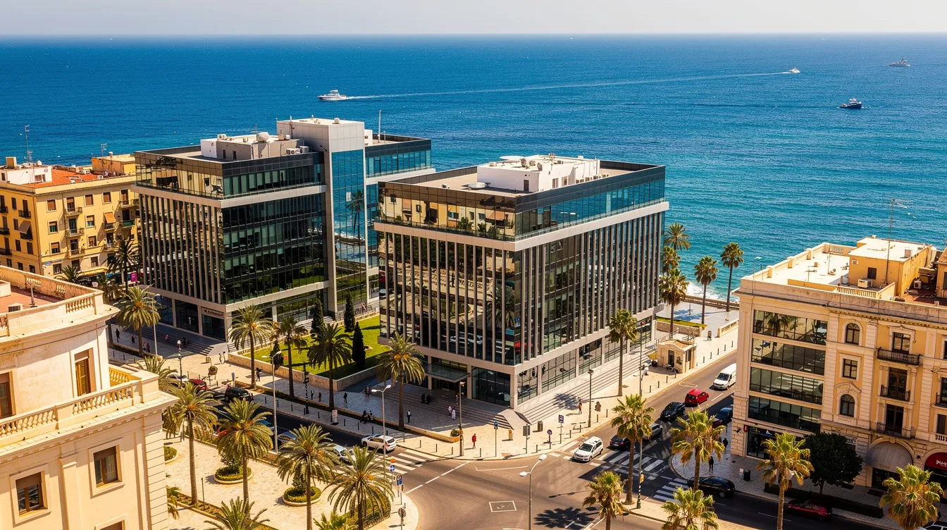 Das Bild zeigt eine mediterrane Küstenstadt mit modernen Bürogebäuden und einem strahlend blauen Meer im Hintergrund. Diese Umgebung könnte für Unternehmer, die in Zypern eine Firma gründen oder von den Vorteilen des Non-Dom-Status profitieren möchten, besonders attraktiv sein.
