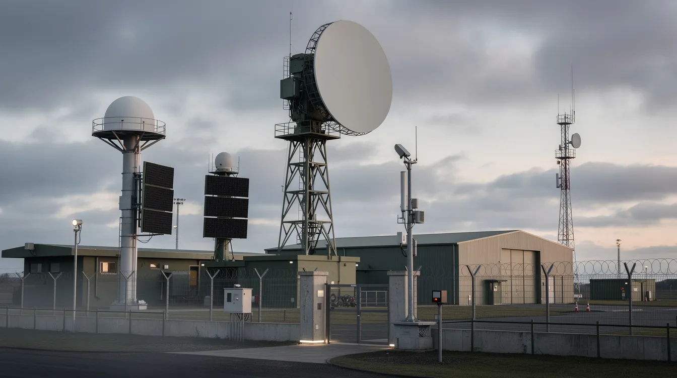 Die moderne Radaranlage und Sensorausrüstung stehen vor einer Militärbasis und dienen der Drohnenabwehr. Sie sind Teil der Sicherheitsmaßnahmen zur Überwachung und Verteidigung, während die Droneshield Aktie in der Branche für innovative Technologien zur Bekämpfung von Drohnen an Bedeutung gewinnt.