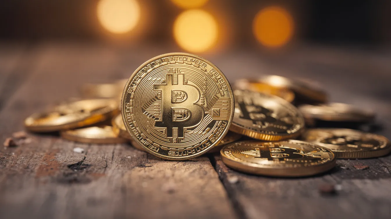 Auf einem Holztisch liegen physische Bitcoin-Münzen, die im warmen Licht im Hintergrund leuchten. Die Szene vermittelt ein Gefühl von Wert und Geschichte der Kryptowährung Bitcoin, während die Münzen als greifbare Darstellung des Bitcoin-Kurses und seiner Entwicklung fungieren.