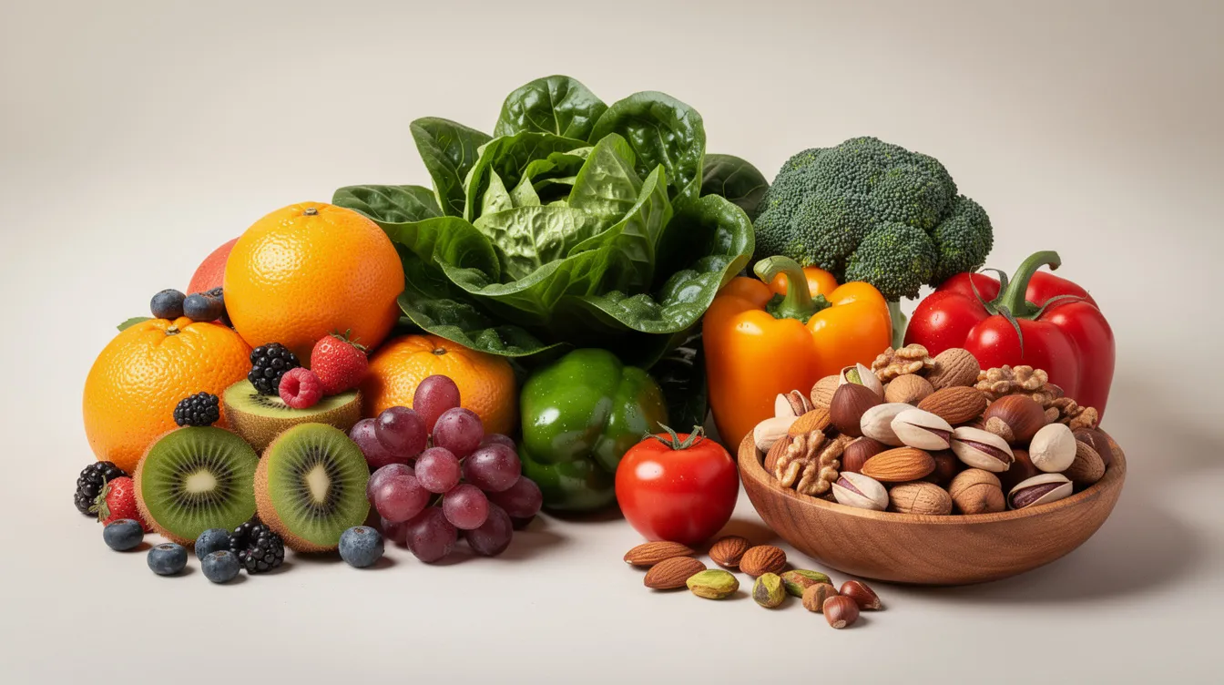 Das Bild zeigt eine bunte Auswahl an frischem Obst, Gemüse und Nüssen, die verschiedene Nährstoffgruppen symbolisieren und für eine gesunde Ernährung stehen. Diese Vielfalt spiegelt die Mission von vitamoment wider, die Gesundheit und das Wohlbefinden der Menschen zu fördern.