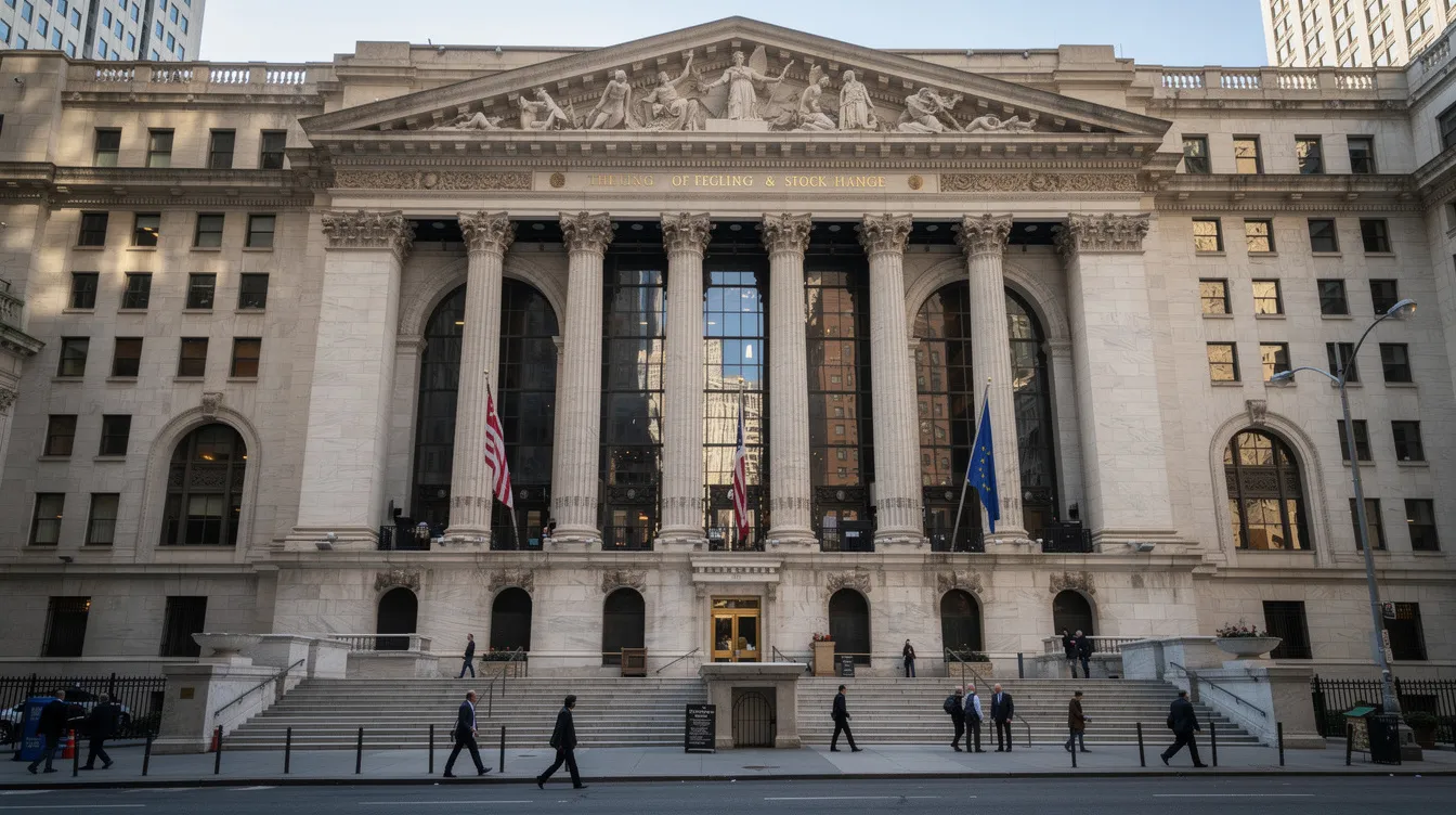 Die Fassade einer großen Börse mit klassischer Architektur zeigt beeindruckende Säulen und Verzierungen, die den historischen Charakter des Gebäudes unterstreichen. In der Umgebung könnten Anleger und Krypto-Interessierte über Möglichkeiten wie Bitcoin ETFs und andere Finanzprodukte diskutieren.