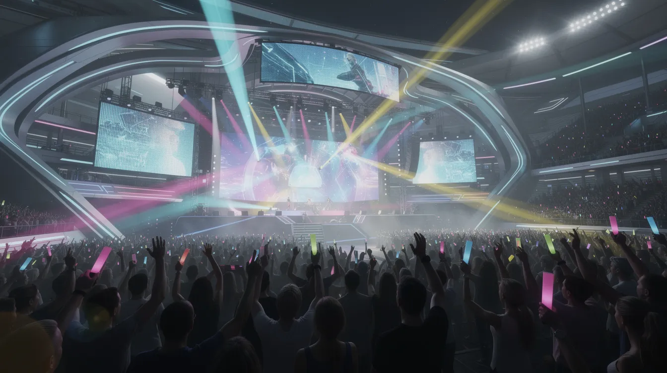 Die futuristische Konzertbühne ist von bunten Lichteffekten umgeben und zeigt ein begeistertes Publikum in einer modernen Arena, das die Musik der Kultband ABBA feiert. Die Atmosphäre ist voller Energie und Freude, während die Mitglieder der Band ihre Hits wie "Dancing Queen" und "Money, Money, Money" zum Besten geben.