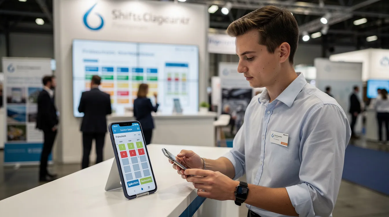 Eine Person steht an einem Messestand und nutzt ein Smartphone zur Schichtplanung, um Personal deutschlandweit zu buchen. Der Stand bietet Informationen über die Vorteile der Personalvermittlung, einschließlich eines guten Preis-Leistungs-Verhältnisses und der Möglichkeit, Mitarbeiter für verschiedene Events und Jobs zu finden.