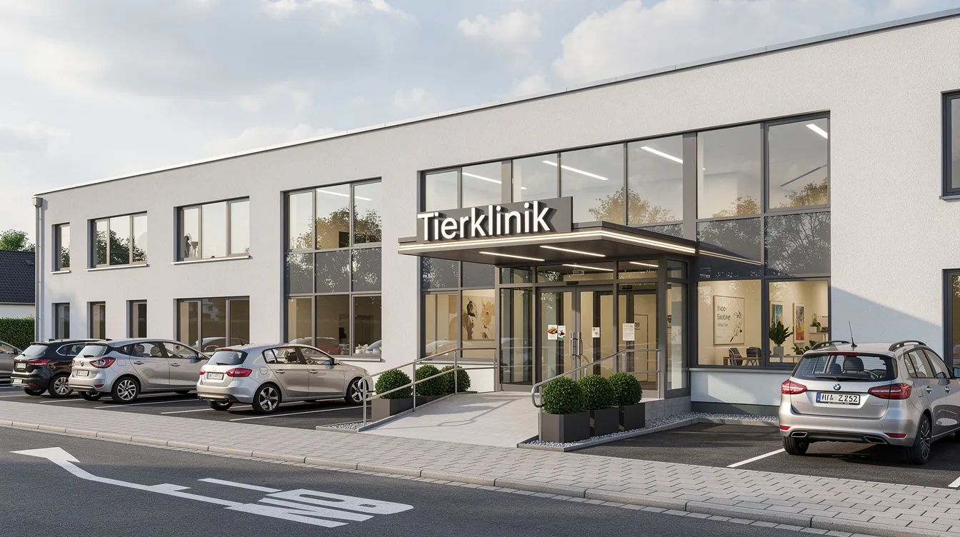 Die moderne Tierklinik in Frankfurt am Main zeigt einen einladenden Eingangsbereich mit großen Fenstern und einem klaren Design. Vor der Klinik sind mehrere Autos geparkt, was auf eine rege Nutzung durch tiermedizinische Fachangestellte und Tierärzte hinweist.
