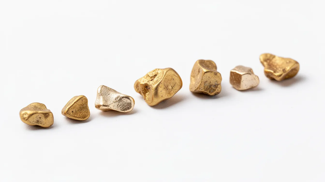 Auf der weißen Fläche liegen verschiedene kleine Goldnuggets in unterschiedlichen Formen und Farben nebeneinander. Diese Goldklumpen sind faszinierende Sammlerstücke, die die Vielfalt und den Wert von Gold repräsentieren.