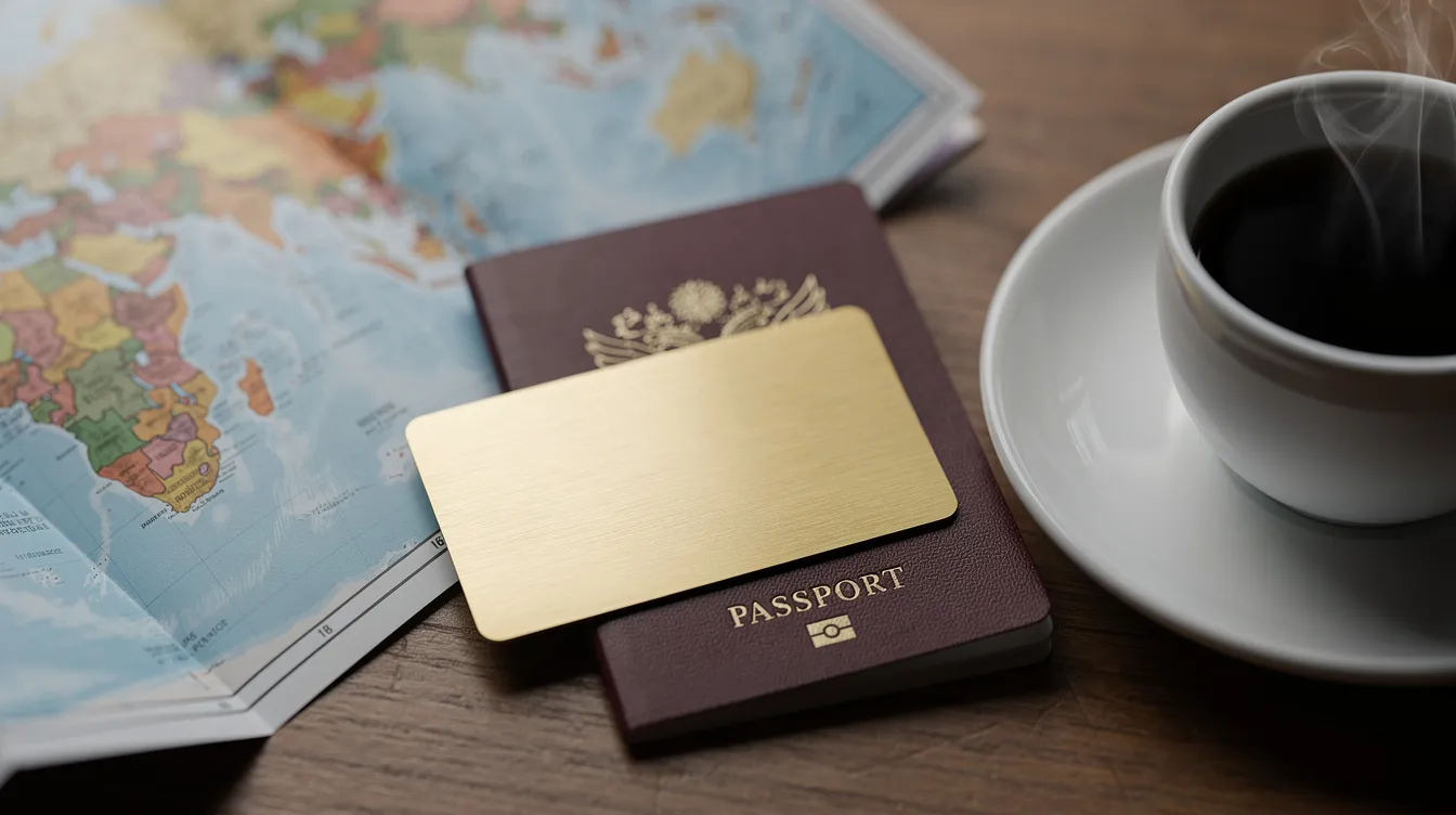 Auf dem Bild liegt eine goldene Metallkreditkarte, die an die American Express Gold Card erinnert, neben einem Reisepass und einer Weltkarte. Ein Becher Kaffee ergänzt die Szene, die eine Reiseatmosphäre vermittelt, während die Vorteile der American Express und das Sammeln von Membership Rewards Punkten angedeutet werden.