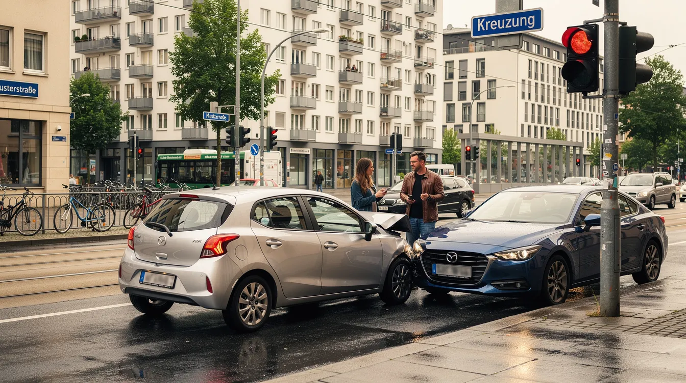 Zwei Autos stehen nach einem leichten Auffahrunfall an einer Straßenkreuzung in einer Stadt. Die Unfallbeteiligten sind dabei, ihre Informationen auszutauschen, während die Warnblinkanlage eines Fahrzeugs eingeschaltet ist.