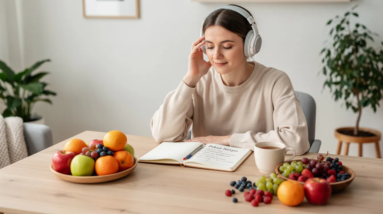 Eine entspannte Person trägt Kopfhörer und hört einen Podcast, während sie von frischem Obst und einem Notizbuch umgeben ist. Diese Szene spiegelt das Wohlbefinden und die Gesundheit wider, die auch die Mission von vitamoment gmbh unterstützt.