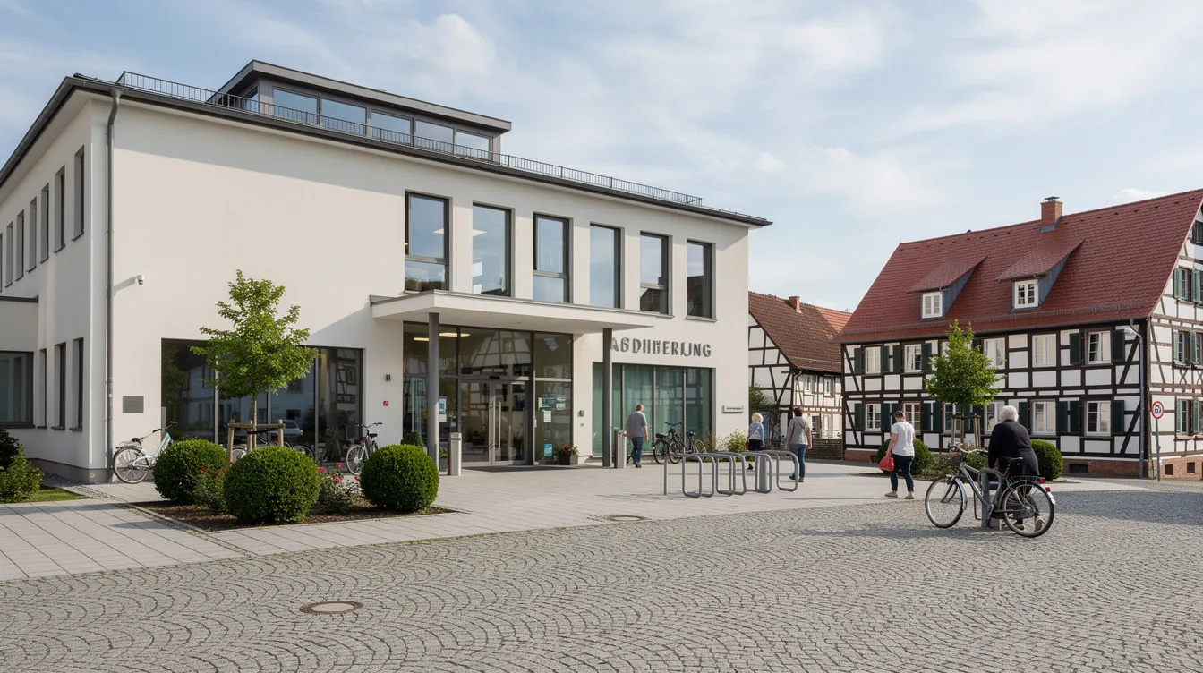 Das Bild zeigt ein Verwaltungsgebäude in der kleinen Stadt Nidda, umgeben von charmanten Fachwerkhäusern im Hintergrund. Die Architektur des Gebäudes spiegelt die regionale Bauweise wider und vermittelt einen Eindruck von der örtlichen Verwaltung, die hier unter anderem für steuerliche Angelegenheiten zuständig ist.
