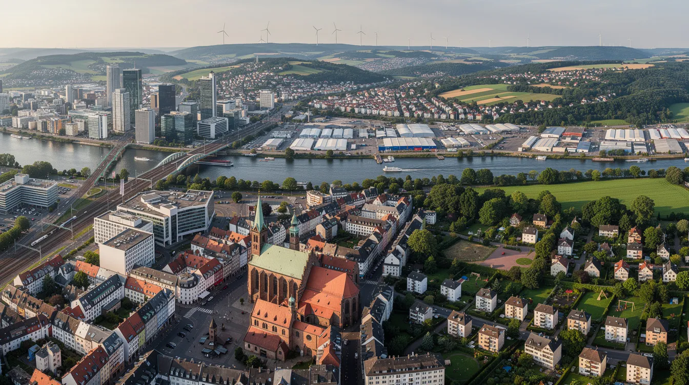 Das Bild zeigt eine malerische Luftaufnahme von verschiedenen deutschen Städten und Gemeinden, die sowohl städtische als auch vorstädtische Landschaften präsentieren. Die Vielfalt der urbanen Strukturen und unbebauten Grundstücke verdeutlicht die Möglichkeit zur Schaffung von Wohnraum und die Auswirkungen der Grundsteuerreform auf den Wohnungsmarkt.