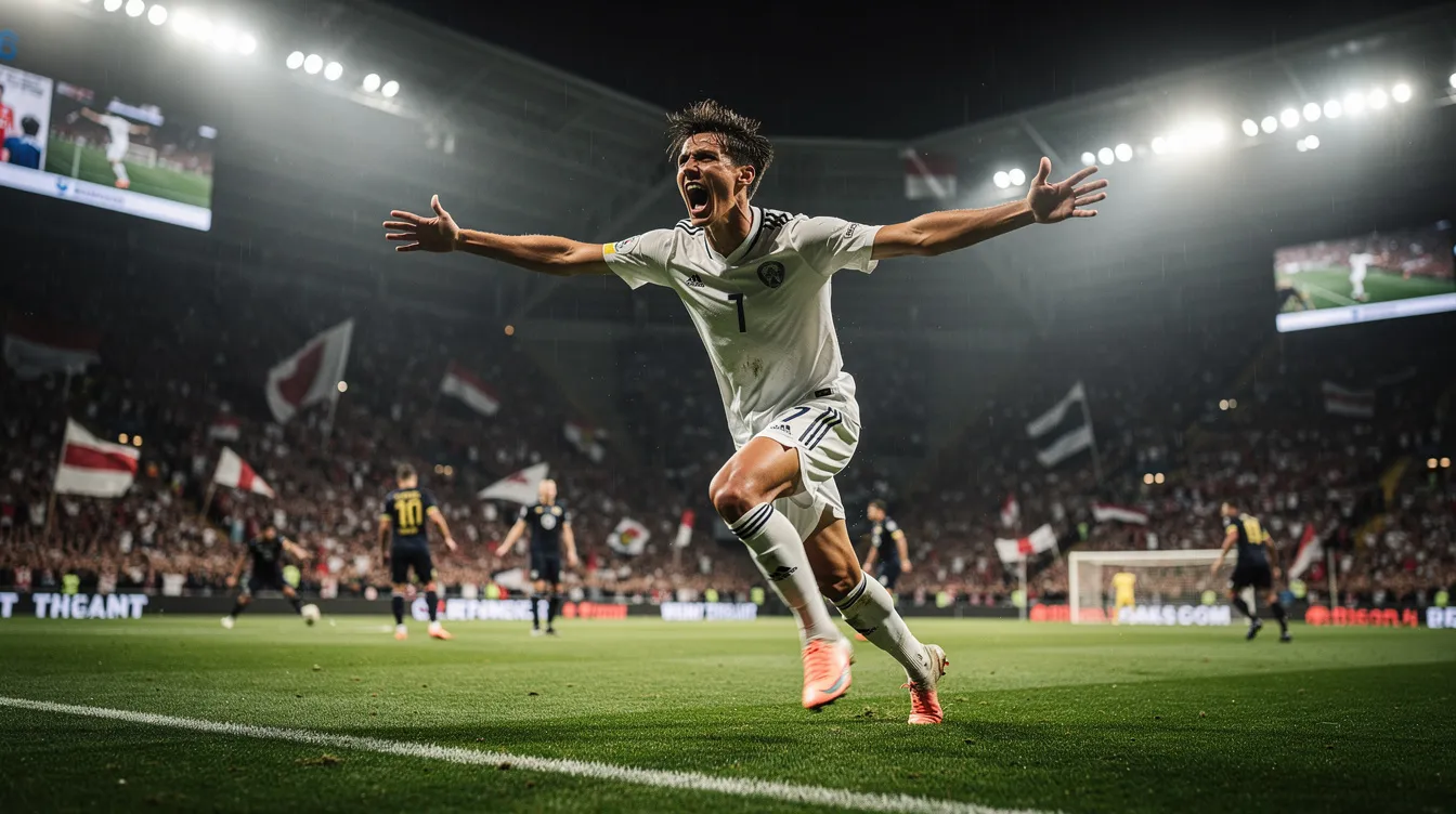 Ein junger Fußballspieler im weißen Trikot, möglicherweise ein talentierter Nationalspieler wie Arda Güler, feiert begeistert ein Tor in einem großen Stadion, das bei Flutlicht erstrahlt. Die jubelnden Fans im Hintergrund und die beeindruckende Atmosphäre unterstreichen die Bedeutung dieses Moments in der Welt des Fußballs.