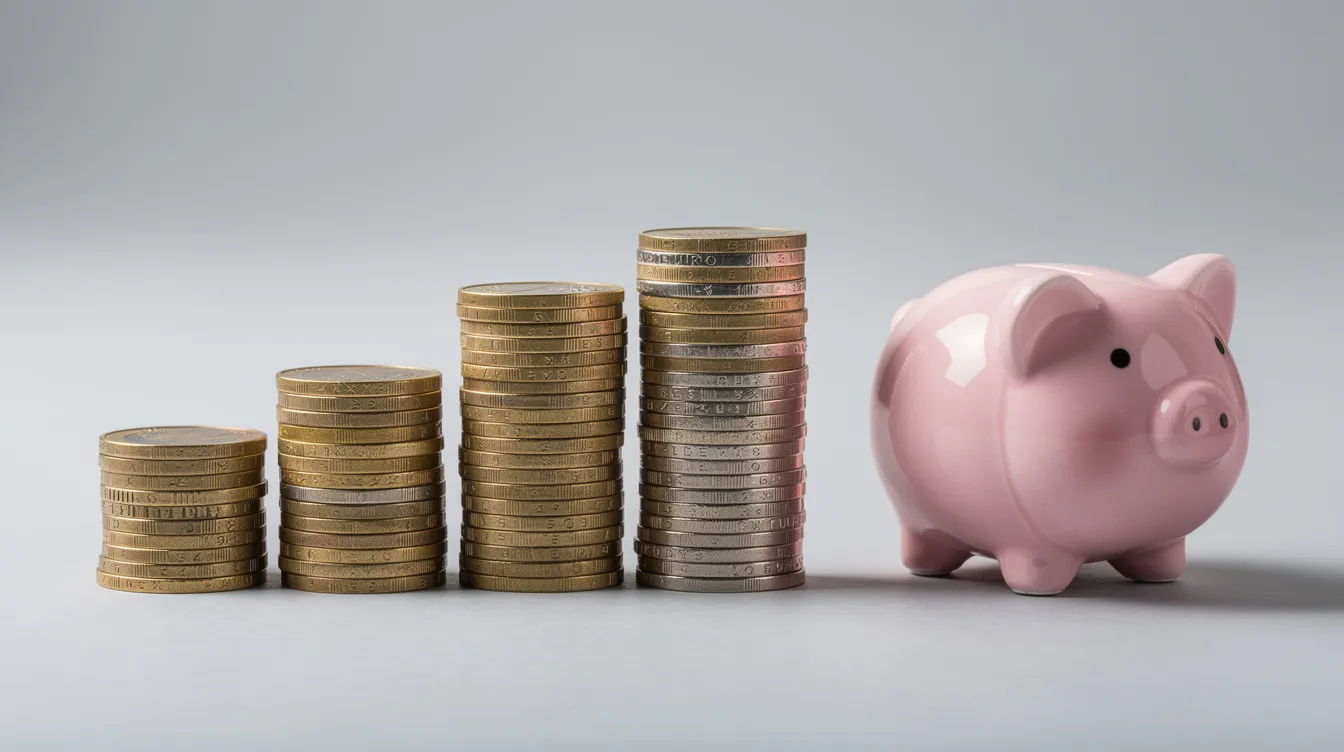 Ein Stapel von Münzen in aufsteigender Reihenfolge steht neben einem kleinen Sparschwein, das symbolisch für die Altersvorsorge und die wichtige Rolle der Rente und Pension im Ruhestand steht. Diese Darstellung verdeutlicht die Notwendigkeit, für die Zukunft vorzusorgen und die verschiedenen Aspekte der finanziellen Versorgung im Alter zu berücksichtigen.