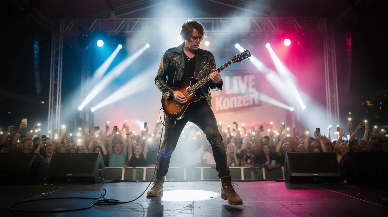 Ein Gitarrist steht auf einer großen Konzertbühne, umgeben von strahlendem Scheinwerferlicht und einem begeisterten Publikum. Die Atmosphäre ist elektrisierend, während die Band Tokio Hotel, bekannt für ihre Hits wie "Monsun", die Menge mit ihrer Musik begeistert.