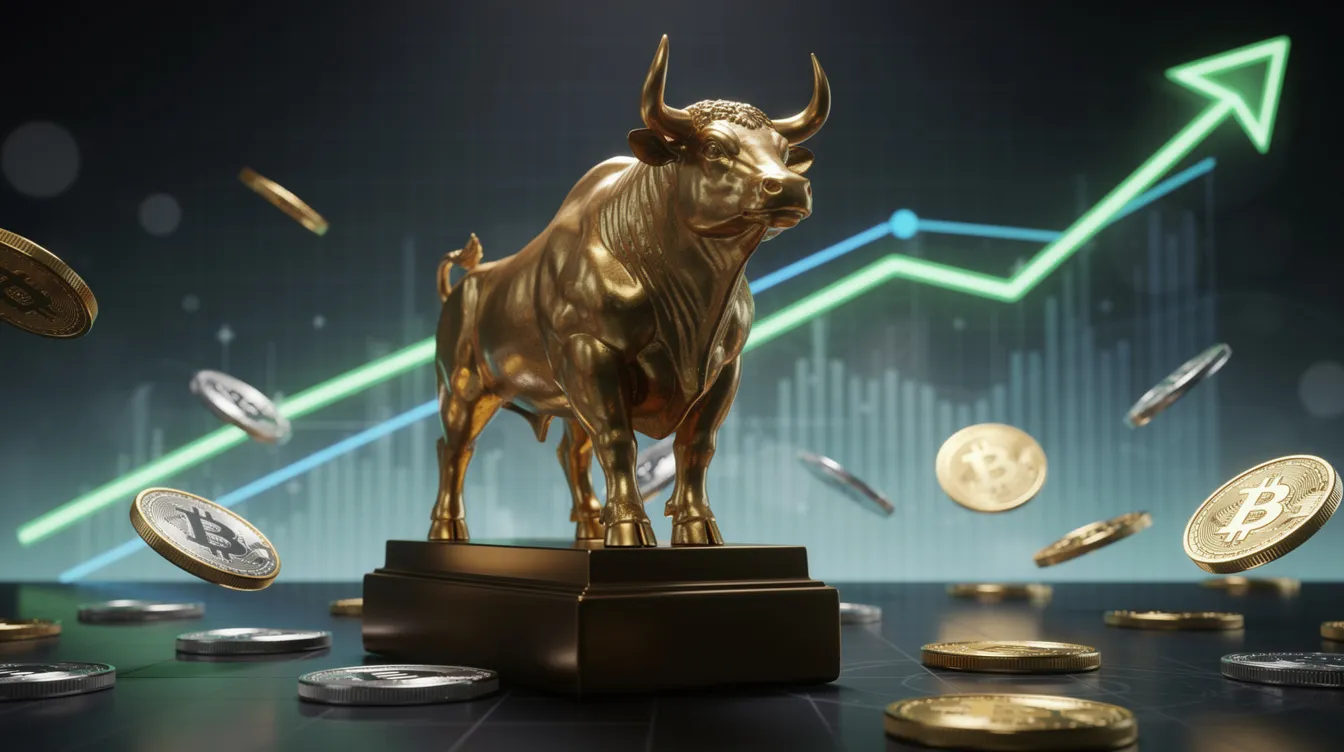 Die goldene Bullenstatue steht majestätisch vor einem abstrakten Hintergrund, der von aufsteigenden Chartlinien und digitalen Münzen geprägt ist, was die Dynamik des Krypto-Marktes symbolisiert. Diese Darstellung spiegelt die Hoffnung und die Chancen eines bevorstehenden Krypto-Bullenmarktes wider, während sie die aktuellen Trends und Entwicklungen im Bereich der Kryptowährungen hervorhebt.