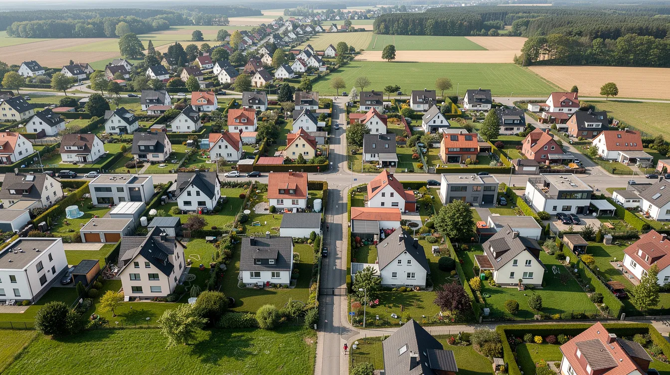 Die Luftaufnahme zeigt eine idyllische deutsche Kleinstadt mit verschiedenen Wohnhäusern und Grundstücken, umgeben von grünen Flächen. Diese Darstellung könnte für Eigentümer von Grundstücken relevant sein, die sich mit Themen wie Grundsteuerbescheiden und möglichen Einsprüchen auseinandersetzen müssen.