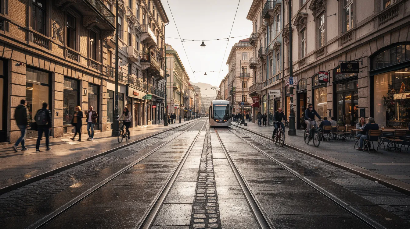 Das Bild zeigt eine belebte Innenstadt von Mannheim mit historischen Gebäuden, während im Vordergrund Straßenbahnschienen sichtbar sind. Menschen bewegen sich geschäftig durch die Straßen, was die lebendige Atmosphäre der Stadt unterstreicht, in der auch Themen wie Wohngeld und soziale Leistungen eine Rolle spielen.