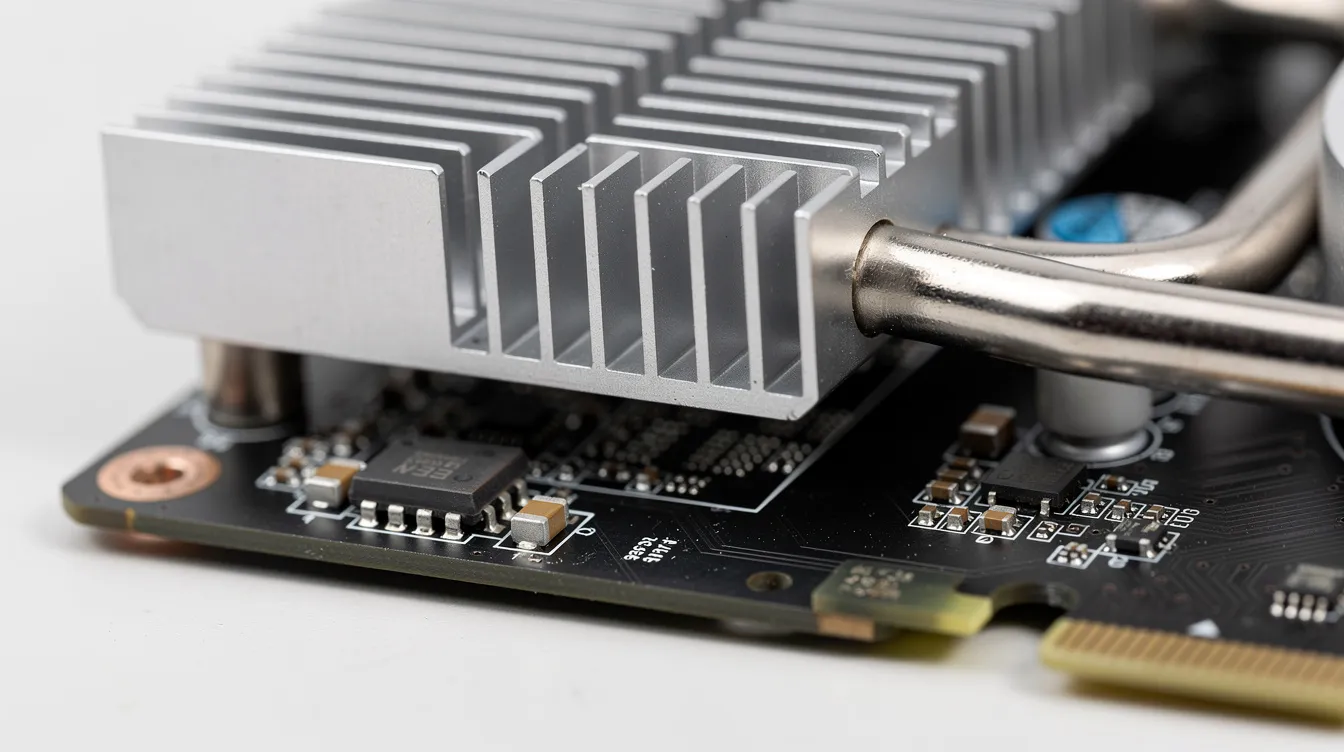 Die Nahaufnahme zeigt eine GPU-Grafikkarte mit detaillierten Kühlrippen und einer komplexen Platine, die für High Performance Computing und KI-Anwendungen in der Cloud-Plattform von Unternehmen wie CoreWeave inc entwickelt wurde. Die technischen Komponenten sind klar erkennbar und verdeutlichen die fortschrittliche Technologie, die in modernen Grafikkarten verwendet wird.