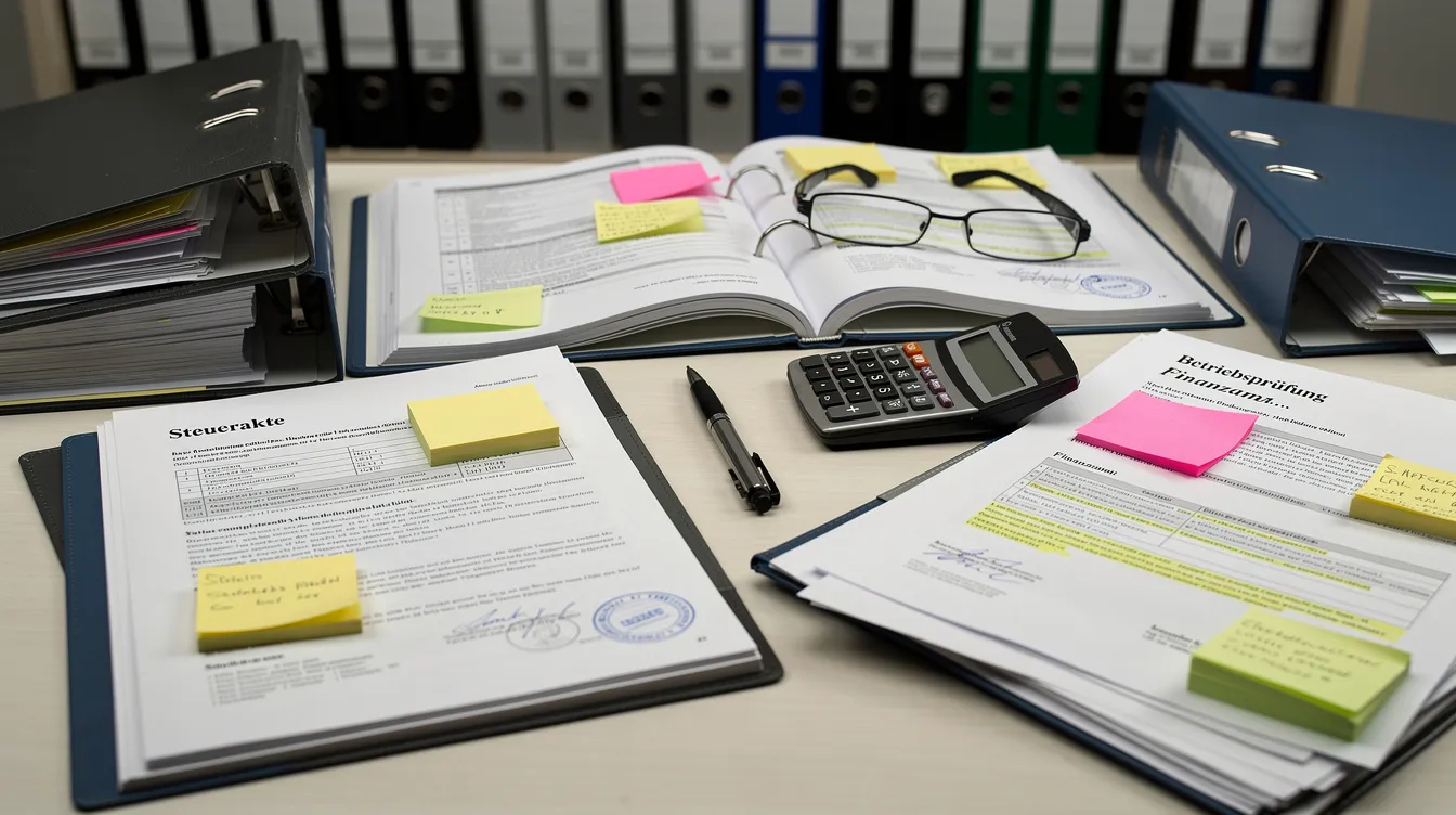 Auf dem Schreibtisch liegen mehrere Akten und Ordner, die typisch für die steuerliche Ermittlungsarbeit sind. Diese Dokumente enthalten Informationen zur Festsetzungsfrist und steuerlichen Angelegenheiten, die für die Finanzverwaltung von Bedeutung sind.