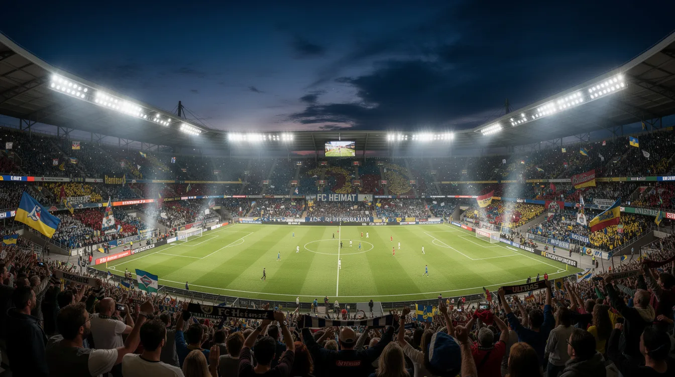 Ein großes Fußballstadion ist bei einem Abendspiel bis auf den letzten Platz gefüllt, während die Fans begeistert ihre Mannschaften, wie den VfB Stuttgart oder Schalke 04, anfeuern. Die Atmosphäre ist elektrisierend und spiegelt die Leidenschaft der Fußballwelt wider.