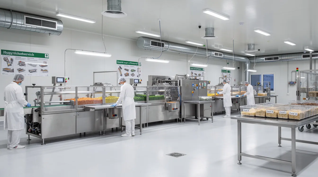 Die moderne Produktionsanlage von Vitamoment zeigt saubere Arbeitsflächen und eine kontrollierte Umgebung, die für die Herstellung von Lebensmitteln optimiert ist. Hier wird Wert auf höchste Qualitätsstandards gelegt, um gesunde Nahrungsergänzungsmittel zu entwickeln, die das Wohlbefinden der Menschen fördern.