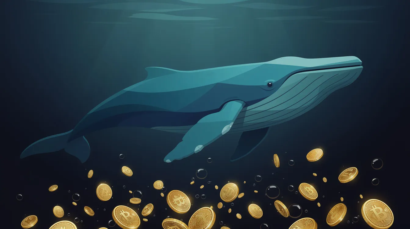 Die abstrakte Darstellung zeigt einen majestätischen Wal, der im Ozean schwimmt und von kleinen goldenen Münzen umgeben ist, was symbolisch für Großinvestoren im Krypto-Markt steht. Diese Szene spiegelt die Dynamik und die Chancen des aktuellen Bullenmarkts wider, in dem Kryptowährungen wie Bitcoin und Altcoins florieren.