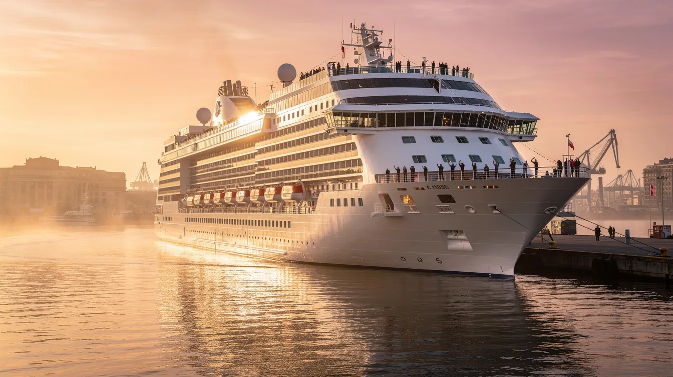 Ein modernes Kreuzfahrtschiff der Norwegian Cruise Line liegt im Hafen, während die Sonne aufgeht und das Wasser in warmen Farben erstrahlt. Passagiere sind an Bord zu sehen, bereit für ein unvergessliches Abenteuer auf hoher See.