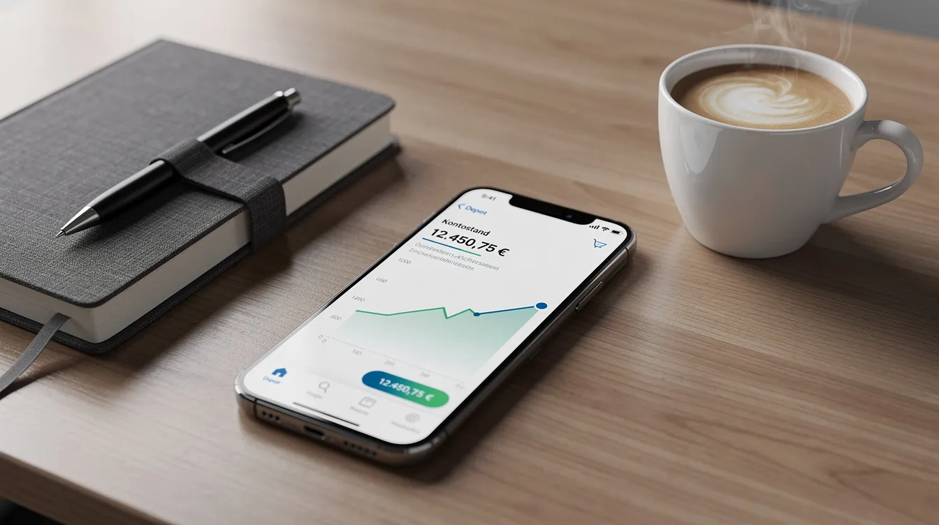 Ein Smartphone liegt auf einem Schreibtisch, auf dem eine Finanz-App geöffnet ist, die Informationen über den Bitcoin-Kurs und Transaktionen anzeigt. Neben dem Smartphone stehen eine Tasse Kaffee und ein Notizbuch, was auf eine produktive Arbeitsatmosphäre hinweist, in der Nutzer möglicherweise über den Kauf von Bitcoin und andere Kryptowährungen nachdenken.