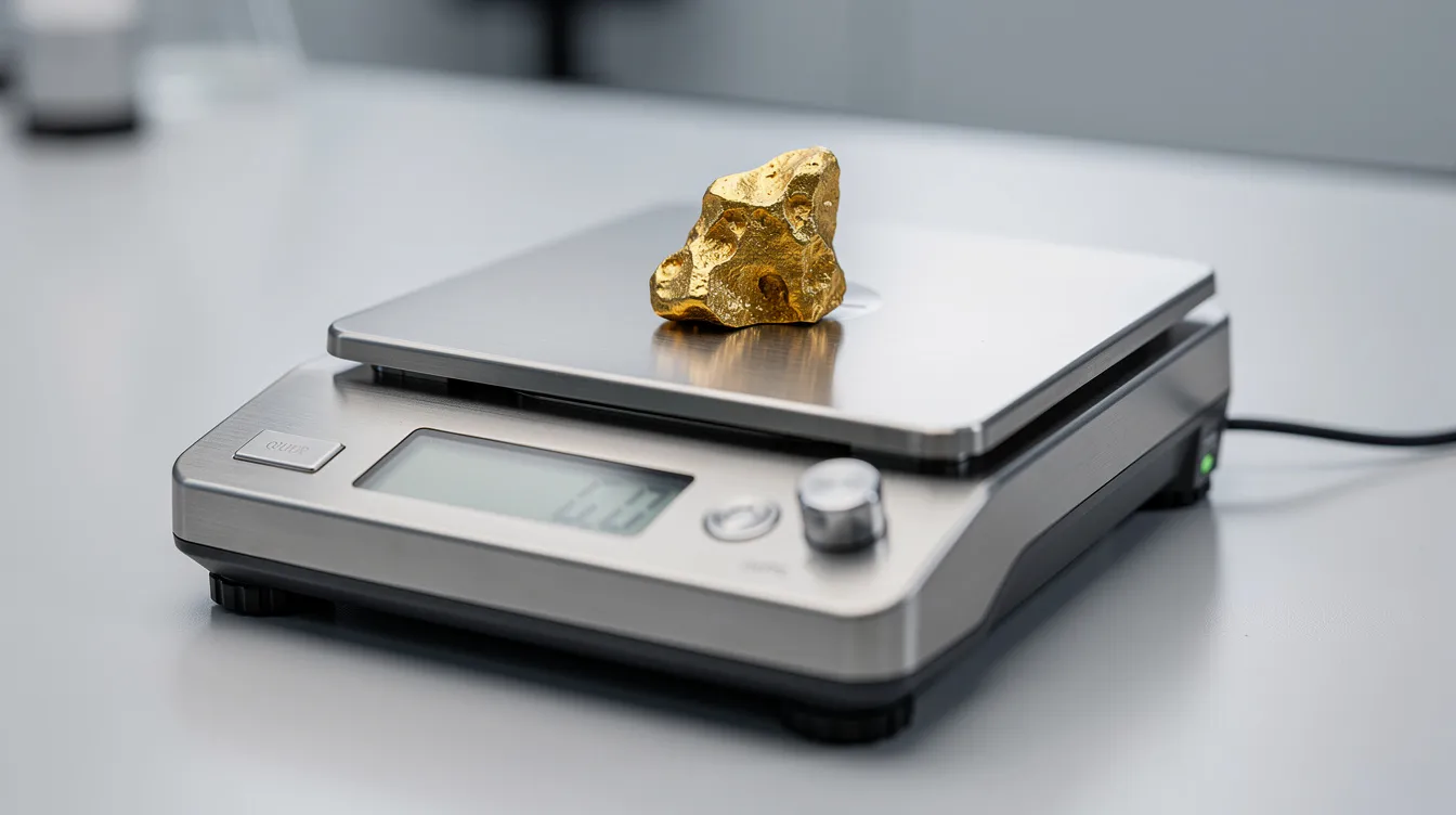 Die Abbildung zeigt eine Präzisions-Feinwaage mit einem einzelnen kleinen Goldnugget auf der Wiegefläche. Das Goldnugget, ein seltenes Sammlerstück, ist in seiner natürlichen Form zu sehen und hebt sich deutlich von der Waage ab, die zur Bestimmung des Gewichts und Wertes von Gold dient.