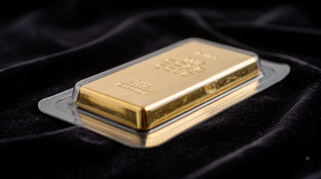 Eine Nahaufnahme eines glänzenden Goldbarrens, der in einer durchsichtigen Blisterverpackung auf dunklem Samt präsentiert wird. Der Goldbarren hat ein Gewicht von 1 Unze und symbolisiert eine wertvolle Geldanlage in Edelmetall.