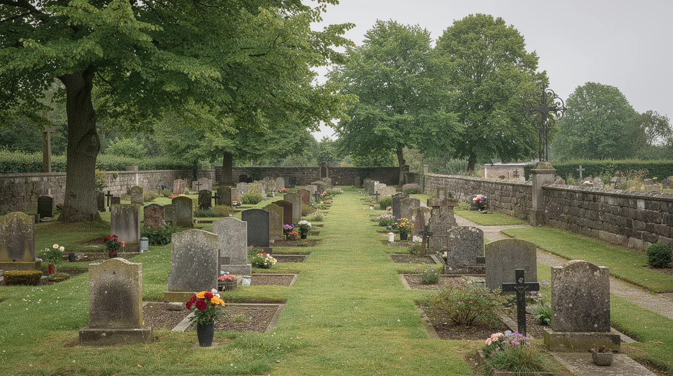 Die ruhige Aufnahme zeigt einen gepflegten Friedhof in Deutschland, umgeben von alten Bäumen und grünen Wegen, die zur Besinnung und Trauerfeier einladen. Solche Orte sind wichtig für das Bestattungswesen und bieten Angehörigen einen Platz, um den Verstorbenen zu gedenken.