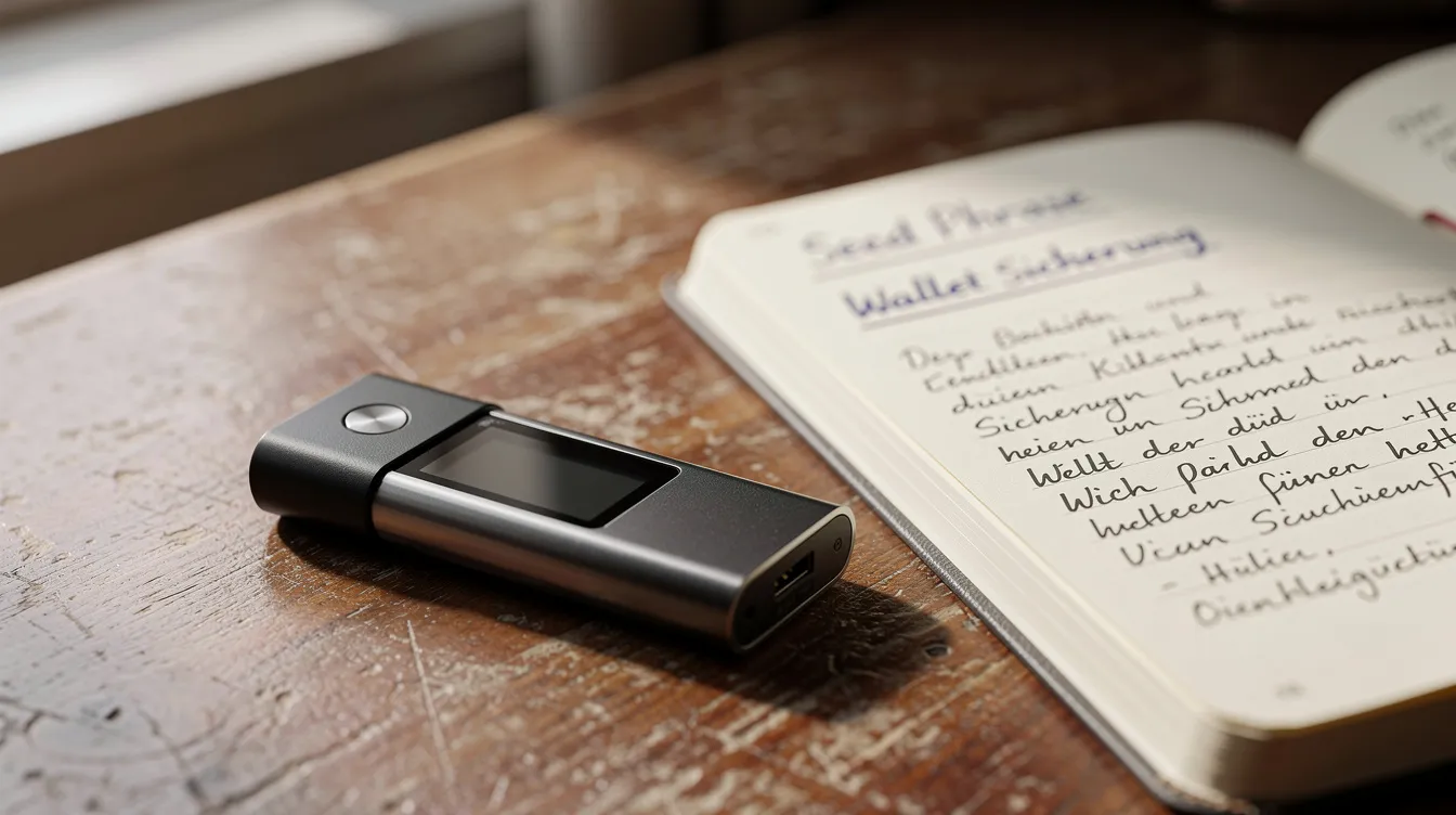 Ein Hardware-Wallet-Gerät liegt auf einem Holztisch neben einem Notizbuch, das möglicherweise Notizen zu Kryptowährungen enthält. Das Wallet dient zur sicheren Aufbewahrung von Bitcoin und anderen digitalen Vermögenswerten, während das Notizbuch Informationen zu Transaktionen und Zahlungmethoden wie Skrill enthält.