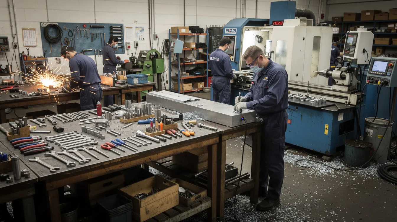 In einer gut ausgestatteten Werkstatt arbeiten Fachleute an Metallteilen, um technische Geräte zu reparieren und zu optimieren. Die Umgebung ist geprägt von verschiedenen Werkzeugen und Maschinen, die für die Ausbildung und die Aufgaben im Bereich der Technik und Wehrtechnik von Bedeutung sind.