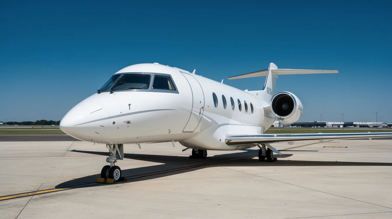 Ein eleganter weißer Privatjet steht auf einem sonnigen Flughafen-Tarmac unter einem klaren blauen Himmel. Dieses Bild könnte das Vermögen eines Formel 1 Fahrers wie Max Verstappen symbolisieren, der Millionen Euro pro Jahr verdient.