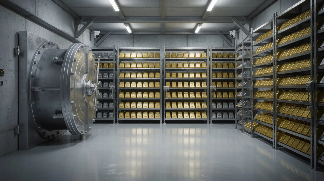 In einem Tresorraum sind mehrere Regale mit ordentlich gestapelten Edelmetallbarren zu sehen, darunter auch Degussa Silberbarren. Die Barren sind in verschiedenen Größen und Gewichten angeordnet, was auf die hohe Qualität und Reinheit dieser wertvollen Anlageformen hinweist.