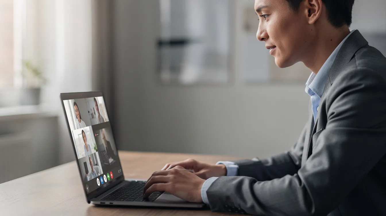 Eine Person sitzt konzentriert am Laptop und führt ein professionelles Videogespräch. Sie trägt formelle Kleidung, die auf eine Tätigkeit im Bereich der Bundeswehr oder im Verwaltungsdienst hindeutet.