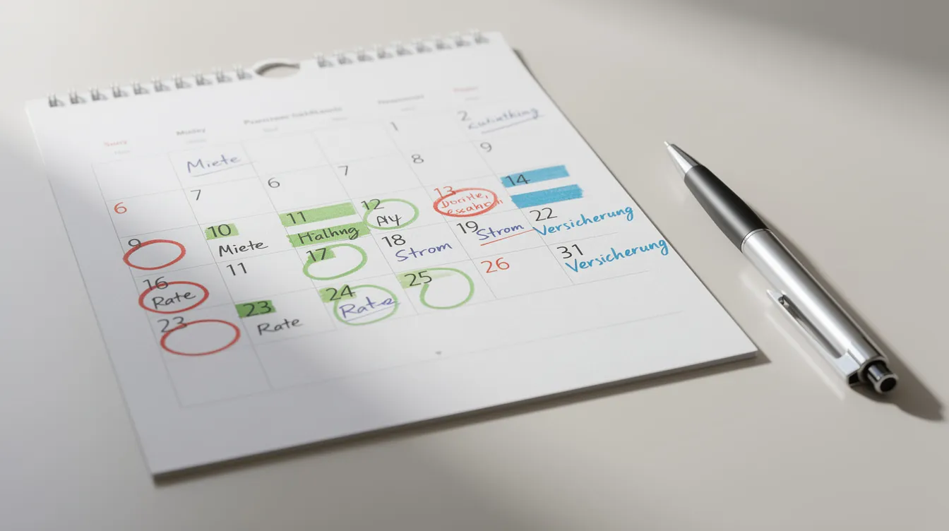 Ein Kalender mit farbig markierten Zahlungsterminen liegt auf einem Tisch, daneben befindet sich ein Kugelschreiber. Diese Darstellung bietet einen Überblick über wichtige Zahlungsfristen und könnte für Kunden von riverty services gmbh nützlich sein, um ihre Zahlungen und Forderungen zu verwalten.
