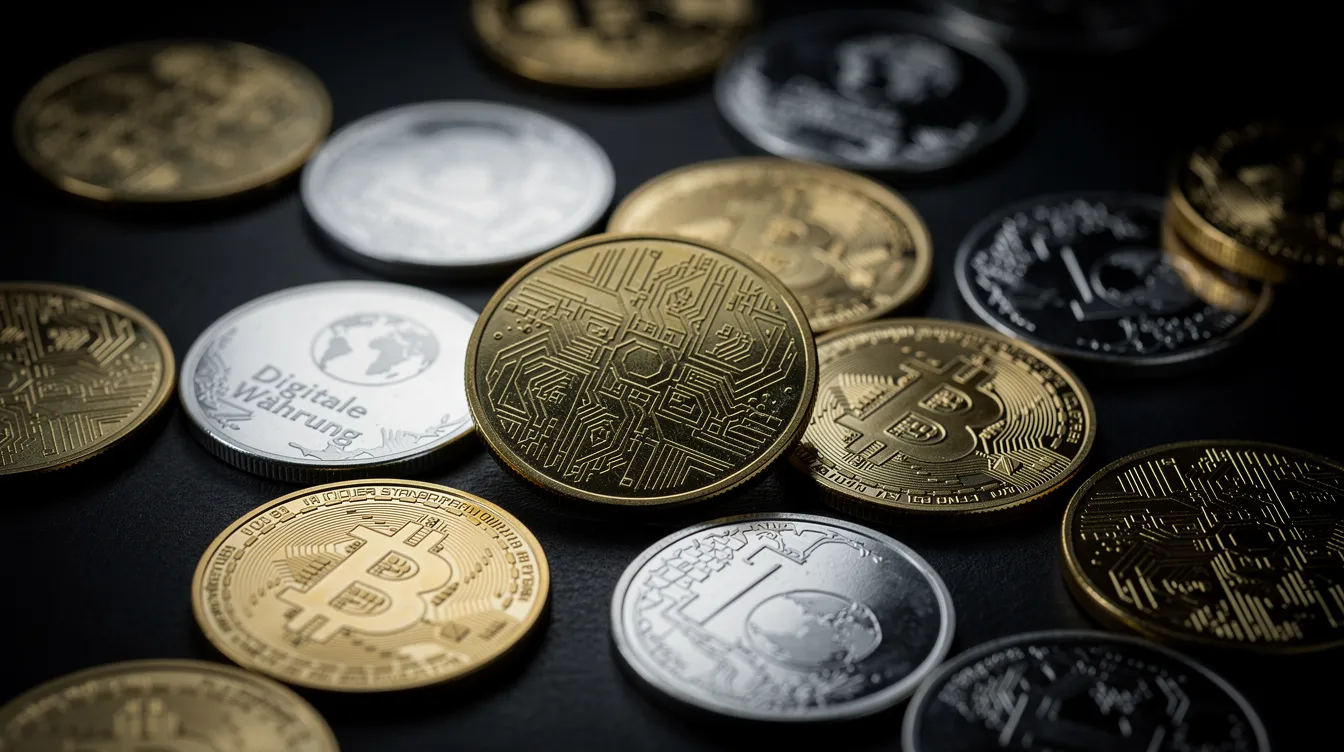 Auf einem dunklen Untergrund liegen goldene und silberne Münzen, die symbolisch für digitale Währungen wie Bitcoin und andere Kryptowährungen stehen. Diese Darstellung verdeutlicht die Bedeutung von Zahlungsmitteln in der modernen Finanzwelt und den möglichen Kauf von Bitcoin über Plattformen wie bitcoin.de.