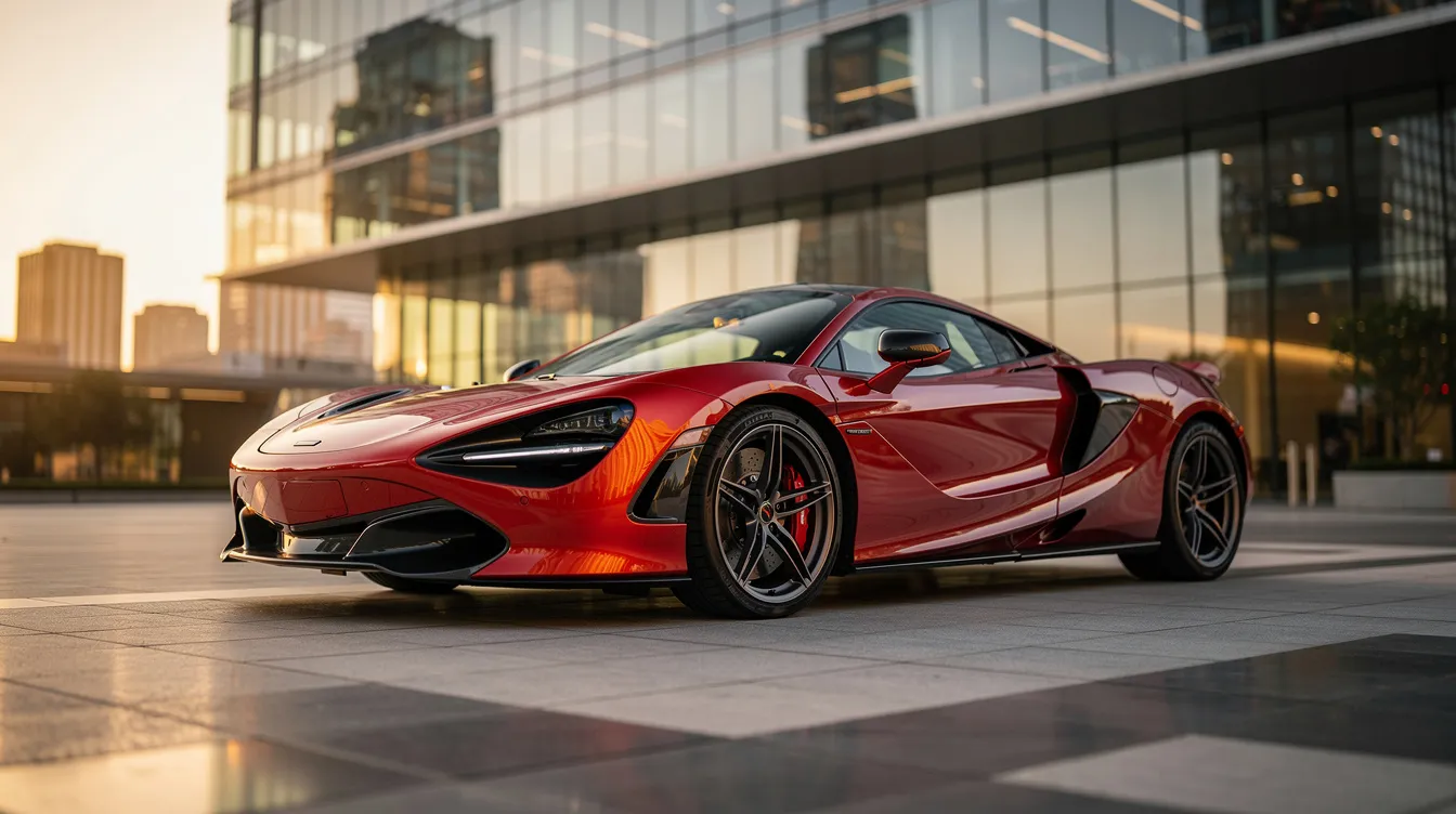 Ein luxuriöser Sportwagen, der vor einem modernen Gebäude geparkt ist, strahlt Eleganz und Wohlstand aus. Dieses Bild könnte die Verbindung zum Vermögen von Sebastian Vettel und seiner Karriere in der Formel 1 verdeutlichen.