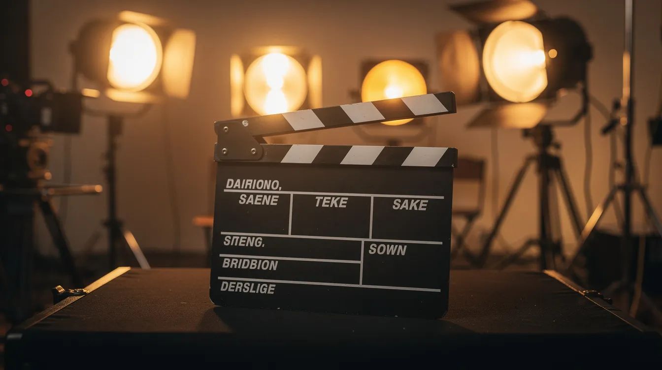 Auf dem Bild ist eine Filmklappe auf einem Filmset zu sehen, umgeben von warmen Studioleuchten, die eine gemütliche Atmosphäre schaffen. Diese Szene könnte an die Arbeit von Schauspielern wie Macaulay Culkin erinnern, der als Kinderstar in Filmen wie "Kevin, Allein zu Haus" berühmt wurde.
