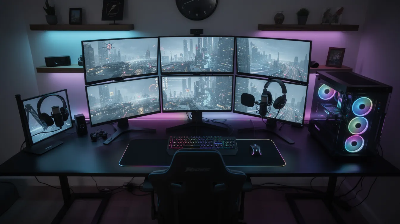 Das Bild zeigt ein luxuriöses Gaming- und Streaming-Setup in einem dunklen Raum, ausgestattet mit mehreren Bildschirmen und RGB-Beleuchtung. Diese beeindruckende Anordnung ist ideal für Content Creator und Streamer, die ihre Live Streams und Videos in einer stilvollen Umgebung gestalten möchten.