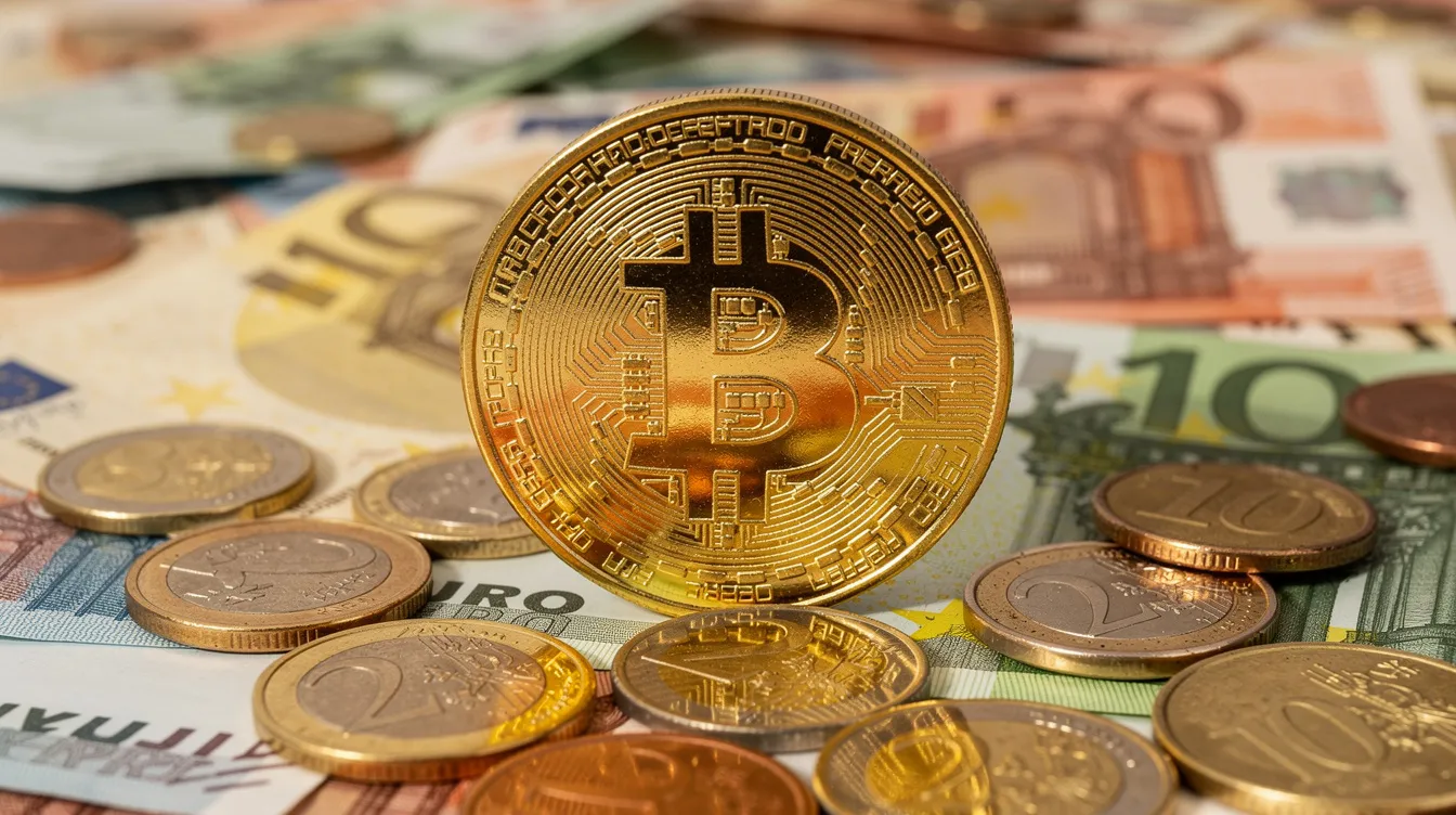 Ein glänzender Bitcoin-Coin liegt auf einem Hintergrund aus Euro-Banknoten und -Münzen, der die Verbindung zwischen der Kryptowährung Bitcoin und der traditionellen Währung verdeutlicht. Diese Darstellung spiegelt die aktuelle Diskussion über den Bitcoin-Kurs und seine Entwicklung im Finanzmarkt wider.