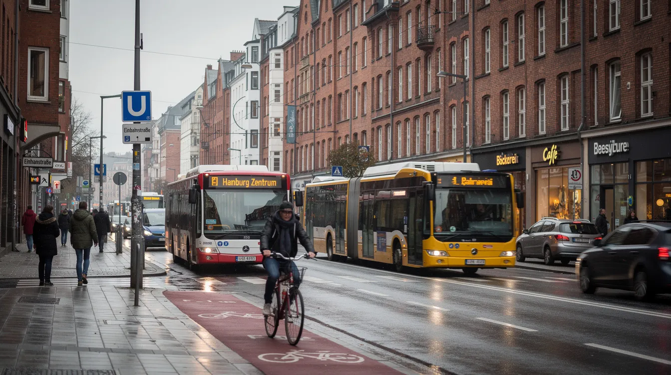 Das Bild zeigt eine belebte Straße in Hamburg mit charakteristischen Backsteingebäuden und verschiedenen öffentlichen Verkehrsmitteln. Im Hintergrund ist die Nordkanalstraße 22 zu sehen, die Teil des Finanzamts Hamburg Ost ist.