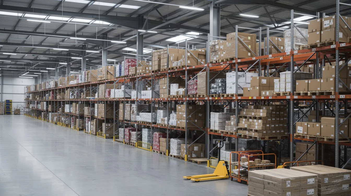 Das Bild zeigt ein großes Lager eines E-Commerce-Unternehmens, in dem Regale mit zahlreichen verpackten Paketen und Kartons gefüllt sind. Diese Szene ist typisch für ein Versandzentrum, das eine Vielzahl von Produkten für Kunden in Deutschland bereitstellt.