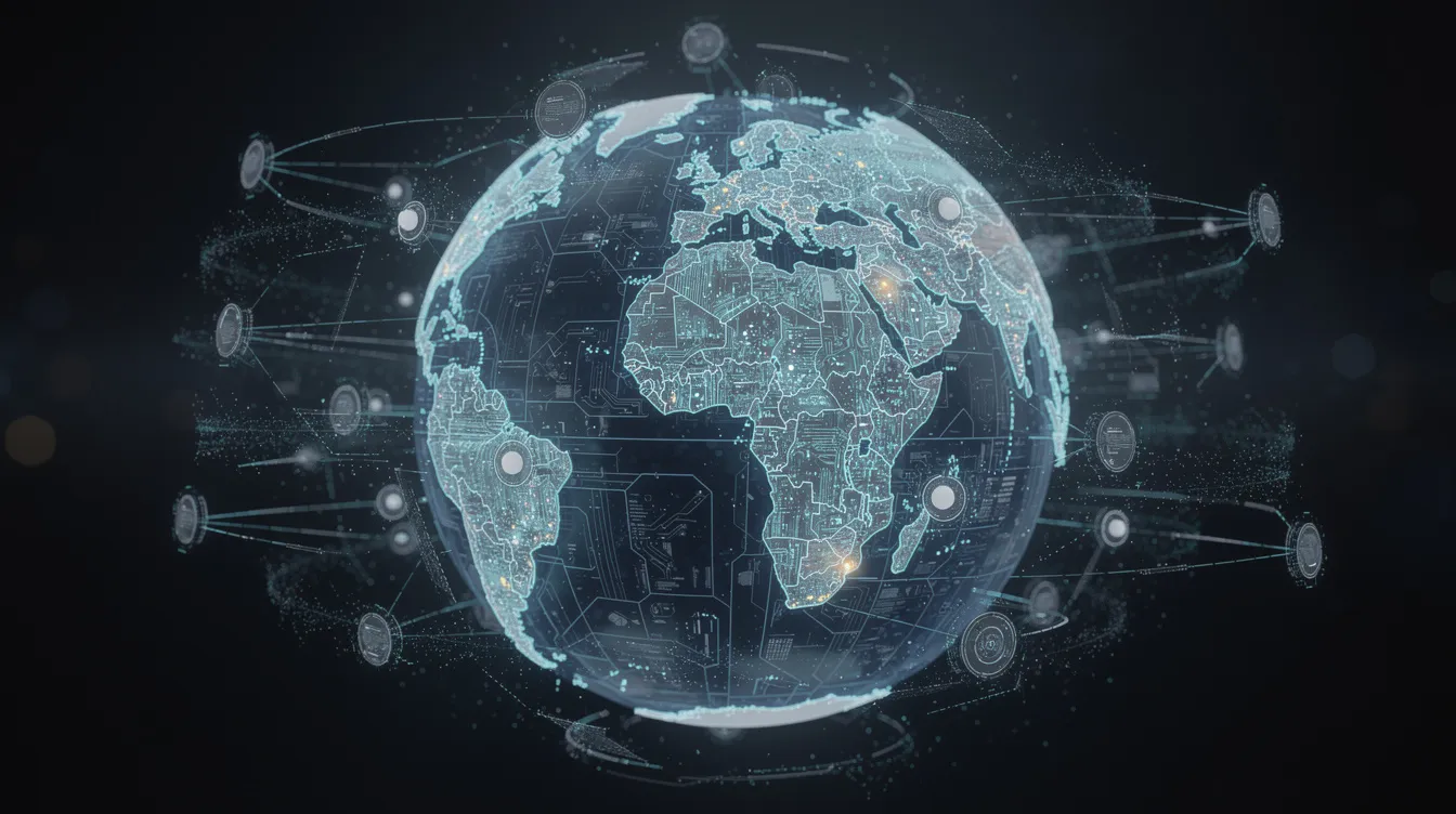 Das Bild zeigt einen futuristischen digitalen Globus, der durch leuchtende Netzwerk-Knoten verbunden ist und ein dezentrales Computernetzwerk symbolisiert. Diese Darstellung spiegelt die innovative Technologie der Blockchain wider, die für Kryptowährungen wie Ethereum und deren Smart Contracts von zentraler Bedeutung ist.