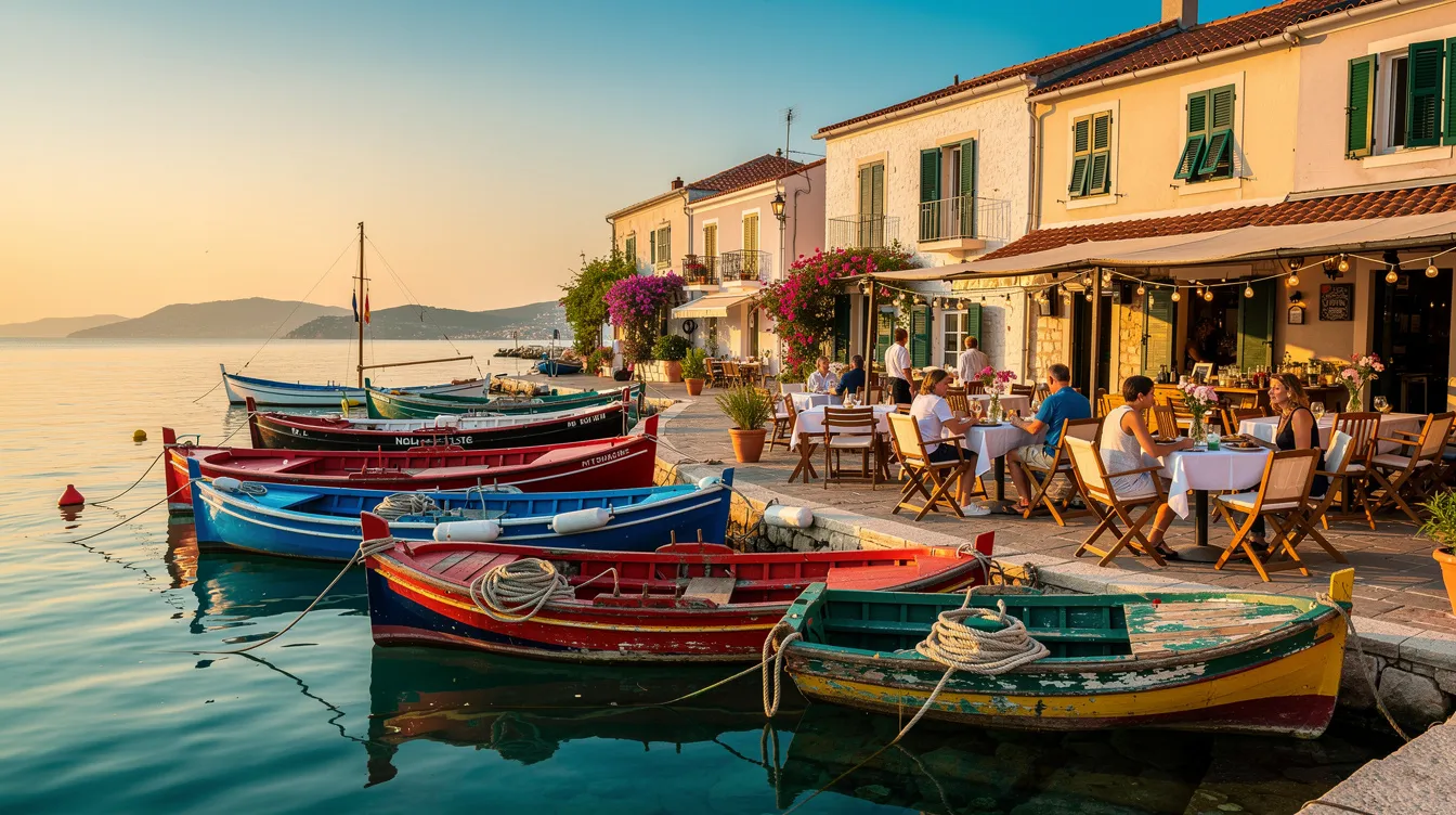 Die mediterrane Hafenszene zeigt bunte Boote, die sanft im Wasser schaukeln, während eine gemütliche Bar-Terrasse mit Tischen und Stühlen am Ufer zum Verweilen einlädt. Im Hintergrund sind Palmen und ein klarer blauer Himmel zu sehen, was die entspannte Atmosphäre dieses Küstenorts unterstreicht.