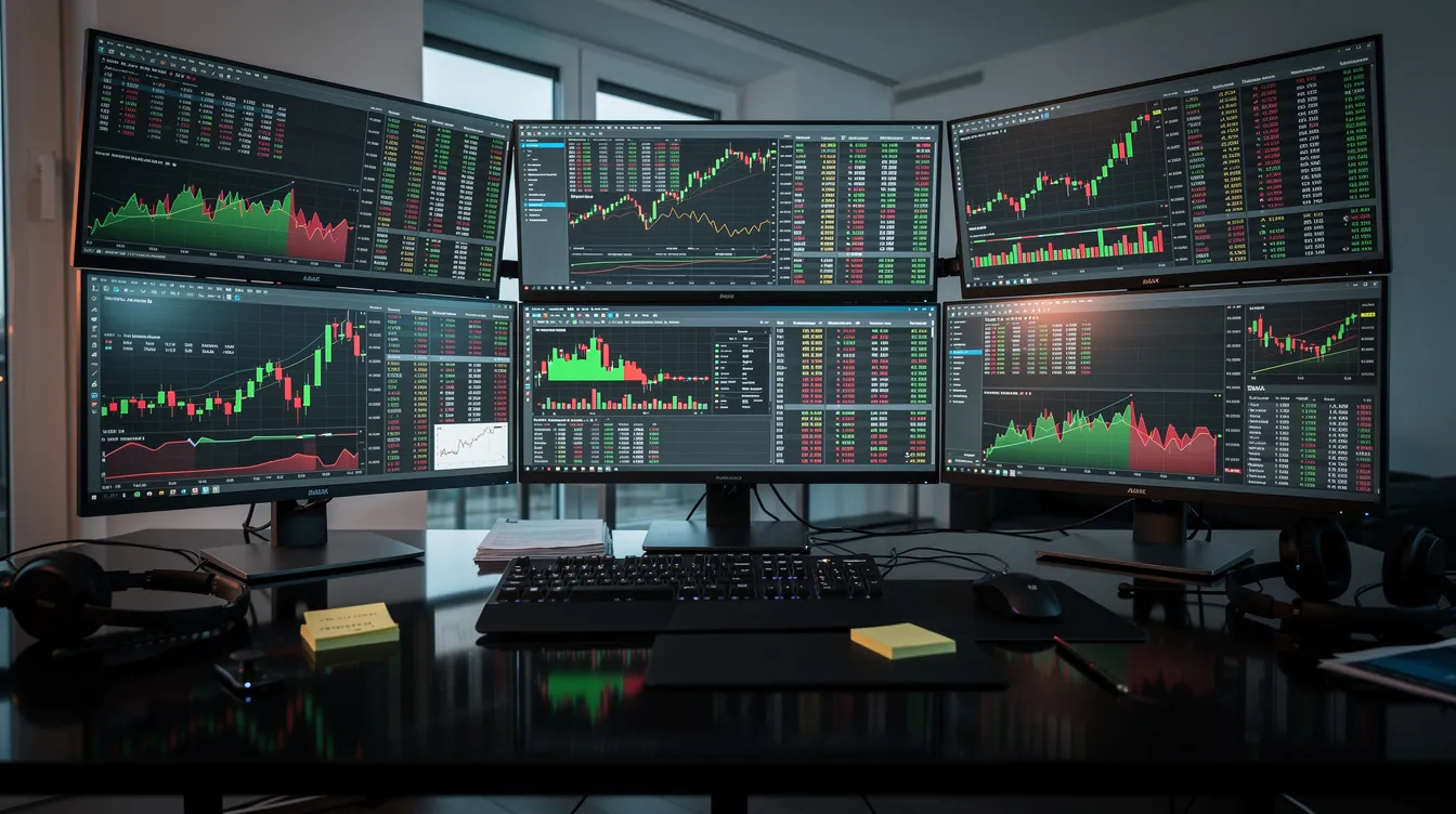 Das Bild zeigt einen Trading-Raum mit mehreren Bildschirmen, auf denen Börsencharts und Kursdaten angezeigt werden. Die Informationen umfassen unter anderem die Droneshield Aktie und deren aktuelle Entwicklungen, sowie wichtige Kennzahlen wie Kurs, Gewinn und Analystenschätzungen.