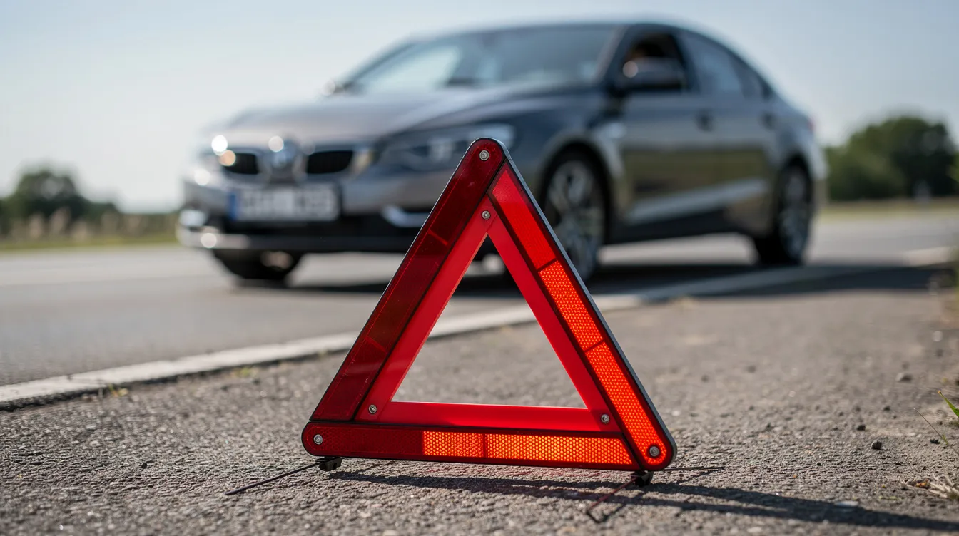Ein rotes Warndreieck steht hinter einem Fahrzeug auf einer Straße bei Tageslicht, was auf einen Verkehrsunfall hinweist. Die Warnsignale sollen andere Verkehrsteilnehmer auf die Unfallstelle aufmerksam machen und zur Sicherheit beitragen.