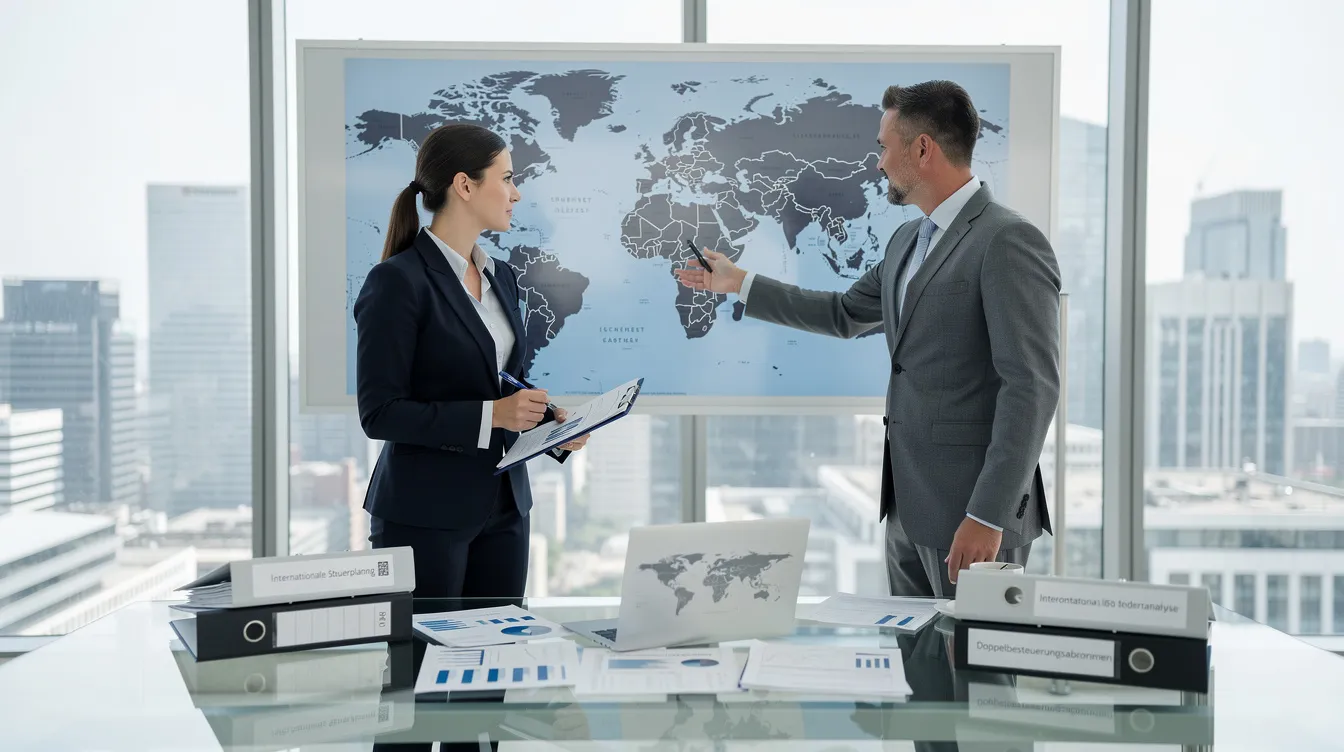 Zwei Geschäftspersonen stehen in einem modernen Büro und diskutieren über Dokumente sowie eine Weltkarte, was symbolisch für die internationale Steuerplanung und die Vermeidung der Doppelbesteuerung steht. Sie analysieren wichtige Aspekte des Steuerrechts, um die besten Lösungen für ihre Einkünfte und Steuerpflichten zu finden.