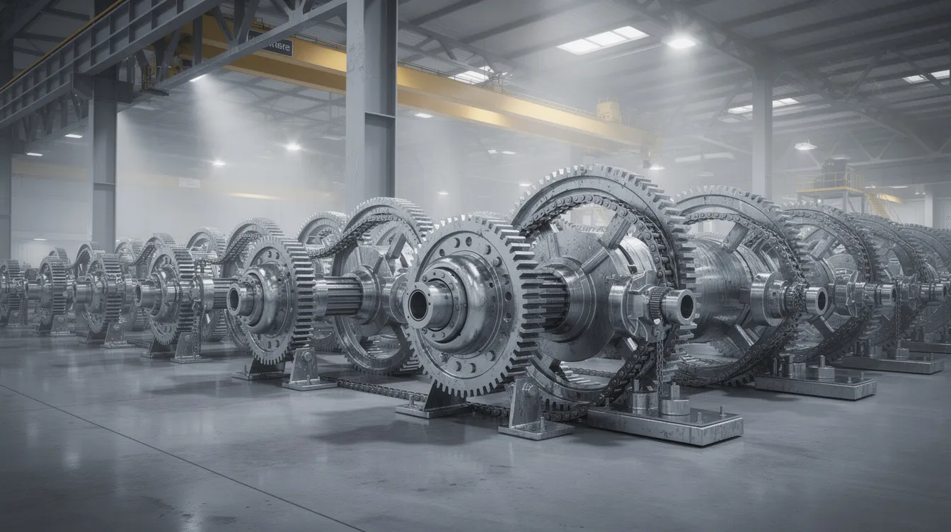 In der Produktionshalle sind große industrielle Zahnräder und komplexe Getriebesysteme zu sehen, die im metallischen Glanz erstrahlen. Diese Komponenten sind entscheidend für die Fertigung und könnten in Diskussionen im Renk Group Forum über Aktien und Unternehmensentwicklung erwähnt werden.